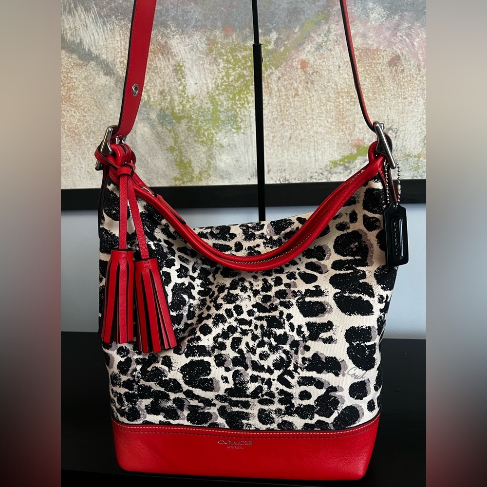 COACH Legacy Ocelot Print Hobo Black Red Multi Canvas Leather Handbag